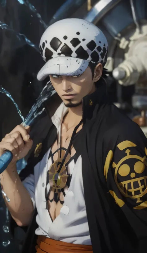(masterpiece), (realistic), (super detailed), ( high quality of rest), (photorealistic), (perfect face), (perfect anatomy), male, alone, (((30 years old))), (((trafalgar d. water supply law from one piece))), trafalgar d. water supply law, one piece