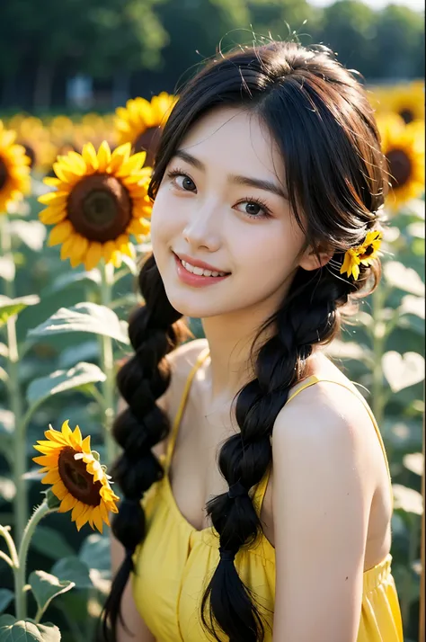 Arapé girl with long hair and braids in sunflower field, beautiful sunflower anime girl, 아름다운 Korean woman, Cute and lovely Korean face, Young and lovely Korean face, sunflowers on background, Beautiful young Korean woman, Korean woman, young cute white as...