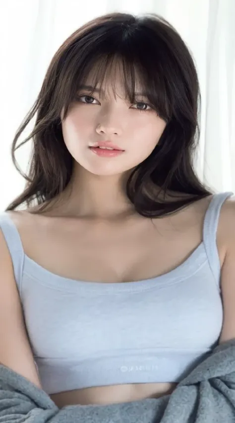 a close up of a woman with long hair wearing a gray top, beautiful south korean woman, gorgeous young korean woman, beautiful young korean woman, korean girl, korean woman, beautiful japanese girls face, girl cute-fine-face, beautiful delicate face, japane...