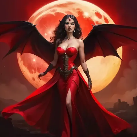 a woman in a red dress with wings standing in front of a full moon, succubus | medieval, beautiful succubus, beautiful elegant demon queen, raven winged female vampire, succubus, demoness, vampires fantasy, demon woman, full body devil woman, beautiful vam...