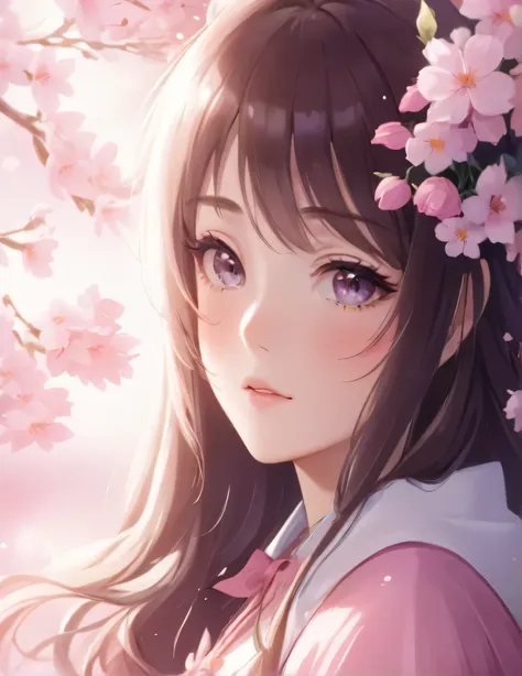 anime girl with long hair and pink dress with flowers in her hair, beautiful anime portrait, anime style 4k, anime art wallpaper...