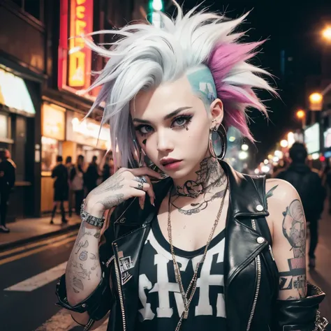 top-quality、8k、32k、​masterpiece、nffsw:1.3)、(photorealsitic:1.4),21-year-old punk girl,punk mohawk hair,tattoo sleeves and pierci...