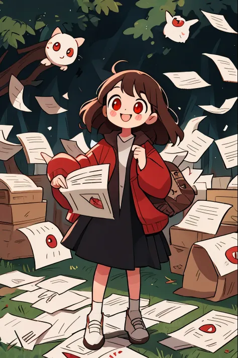 a lot of paper,girl,smile,outdoor,brown hair,red eyes