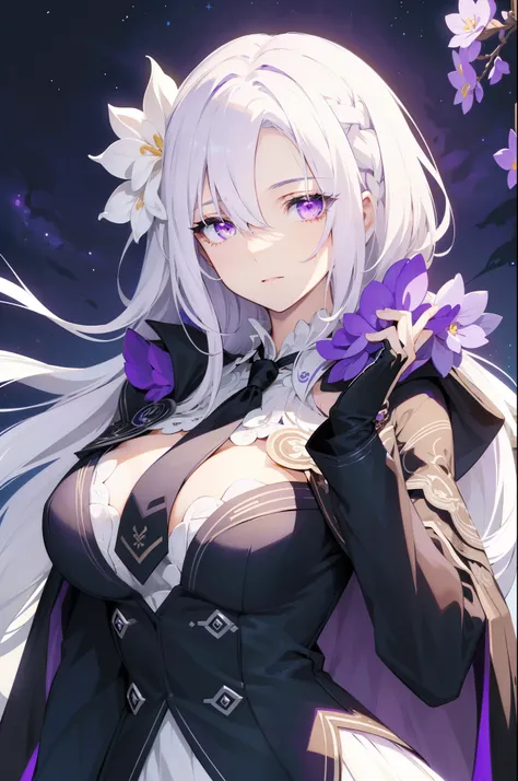 (best quality:1.3), (masterpiece:1.3), (illustration:1.3), (ultra-detailed:1.3), 1girl, (((large breasts))), ((((purple eyes))), (((white hair))), hair ornaments, tall, mature, long hair, upper body, black suit, necktie, cloak, long sleeves, skirt, dressau...