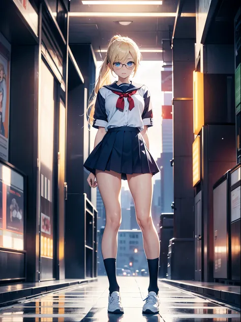 masterpiece, best quality, highres, 1girl, solo, (high school uniform), bare legs, looking at viewer, light particles, city backdrop, perfect hands, perfect eyes, perfect legs, perfect arms, perfect fingers, (blonde hair, blue eyes, medium breasts, long ha...