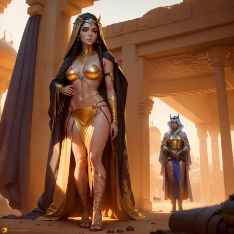 Photo of (arabian princess:1.5) Packed hall standing in the background々and衣装を着て (Cyberpunk Desert:1.3), (Exotic Royal Palace:1.5) and (sunset sky:1.2). In a complex hijab, Long vest in jewelry with gold embroidery, detailed face and eyes, (very detailed:1....