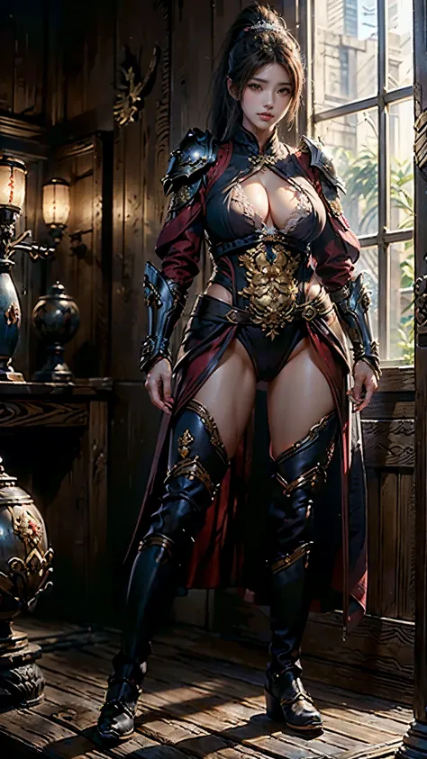 masterpiece，high resolution,Absolutely a beautiful woman，Eastern Warrior，a mature woman，，Delicate eyes and delicate face，High and tall，she wears armor，full coverage of armor，Armor pants，Armor boots，Show off your armor and iron boots、、Deco，general， lure：（Hi...