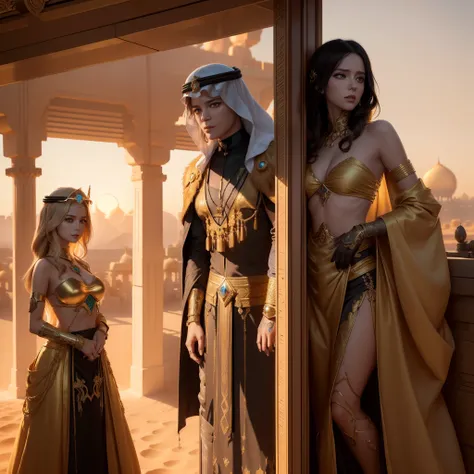 Photo of (arabian princess:1.5) Packed hall standing in the background々and衣装を着て (Cyberpunk Desert:1.3), (Exotic Royal Palace:1.5) and (sunset sky:1.2). In a complex hijab, Long vest in jewelry with gold embroidery, detailed face and eyes, (very detailed:1....