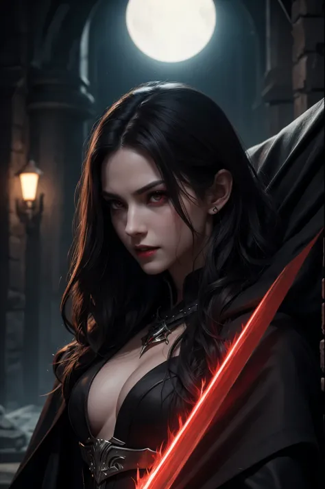 8K,vampire of the underworld,vampire demon slayer,super handsome(like the real thing),sharp red eyes(red glowing effect),pale skin(超realistic skin),vampire big fangs,pointed ears,gentleman costume,black cloak,lean muscular body,long white wavy hair,masterp...