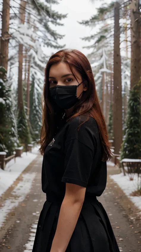 Best quality, masterpiece:1.4) | detailed eye, Young woman, 19 years, depth of field, shadows, идеальное Face и тело, dark, night, grainy, dimly lit, ( winter forest, Snow, throw, Face, medium hair,)black T-shirt,White shirt, School skirt, finely detailed,...