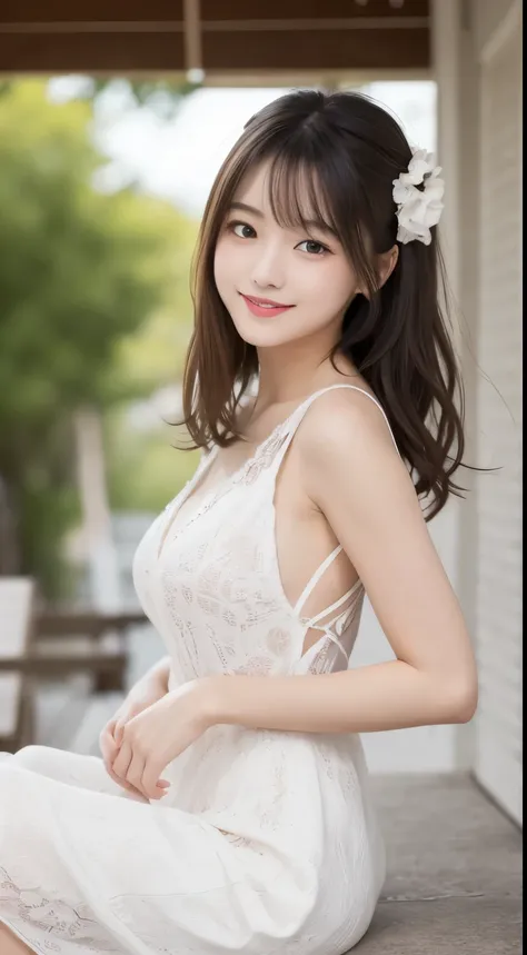 table top, highest quality, shape, Super detailed, finely, High resolution, 8k wallpaper, 完璧なダイナミックな構shape, finelyて美しい目, ladies fashion summer,medium hair,small breasts natural color lip,smile,Harajuku、20 year old girl、cute、sexy shot looking at camera,whit...