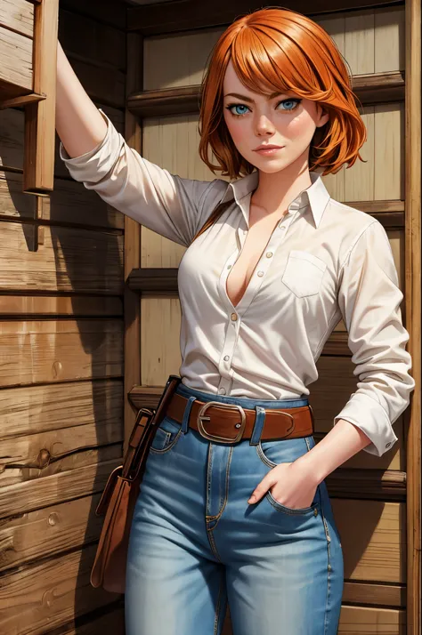 Emma Stone, cowboy shot, as a cowboy, dirty white shirt, pistol belt