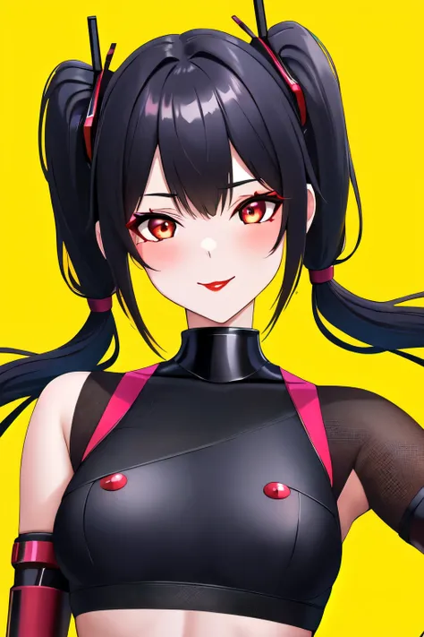 1 girl, Lucy (cyber punk), alone, looking at the viewer, cyber punk, twin tails, yellow background, smile, bare shoulders, red eyeliner, compensate, red lips, think back, parted bangs, Upper body, cyborg, multicolored eyes, body suit, closed mouth, gray ha...