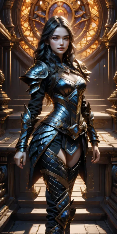 (master piece, top quality, High resolution), (hyper realistic:1.2)、detailed face、beautiful expression、shy smile、 (((women&#39;s armor))), (((Armor Dress Set))), (she has long black hair, cowboy shot、thin waist、navel、between legs、 bewitching、sexy mature wo...