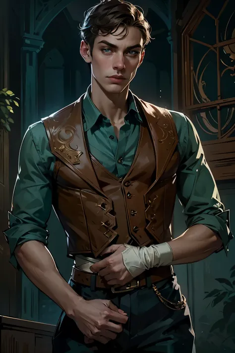 fantasy, victorian style, attractive teenager boy, scar on his face, brush cut, blue eyes, pale skin, arm is wrapped, green shirt and brown lace-up vest, fantasy clothes, dark mansion background, teenager, Western fantasy style
