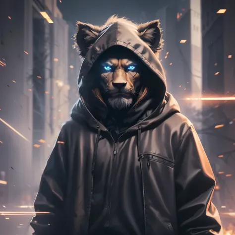 there is a man in a hooded sweatshirt and a lion on his head, Cyberpunk Lion, wojtek fus, estilo cyberpunk hiper-realista, retrato de personagem peludo, an anthropomorphic cyberpunk fox, capanga de rua cyberpunk, beeple-style hybrid mix, badass anime 8 k, ...