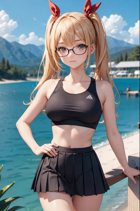 glasses, medium breasts, dark-skinned female, sports bra, miniskirt, pleated skirt, blonde hair, twintails, red ribbon,  with a lake background,