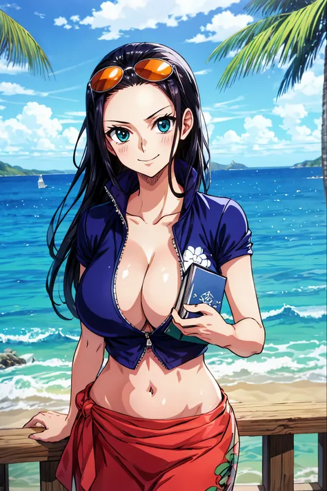 master piece, best quality, 8k, ultra high resolution, highest quality, anime style, best writing, beautiful face,
Nico Robin, wano style, 1 girl, aqua eye, black hair, chest, cutting, 口を閉じた
襟付きJacket, クロップドJacket, glasses on head, slicked back hair, high ...