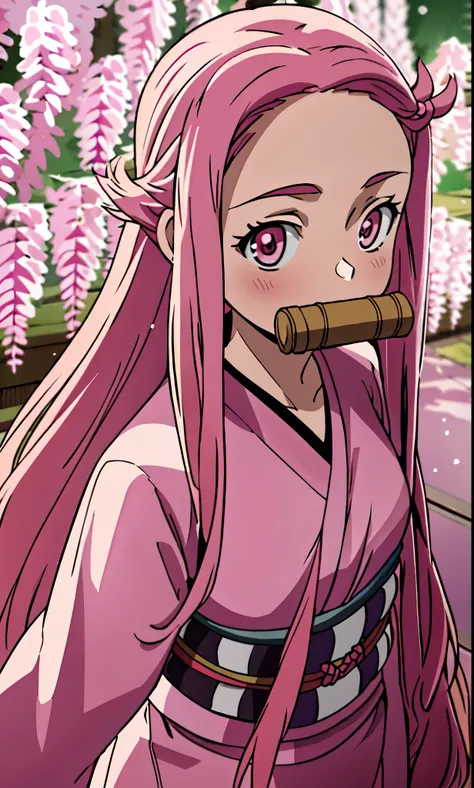 masterpiece, (pink kimono), seductive face, good lighting, low-cut, fine details, masterpiece, glowing eyes, 1girl, pink hair, gag, bamboo, Nezuko Kamado, wisteria background, masterpiece, best quality, POV, whole body, wide hips,