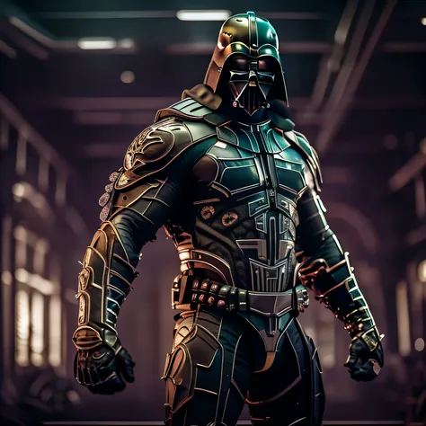 (extremely detailed CG unity 8k wallpaper, masterpiece, best quality, ultra-detailed), (best illumination, best shadow, an extremely delicate and beautiful), a big muscular bodybuilder with the mask of Darth Vader, fierce and strong pose, (dramatic lightin...