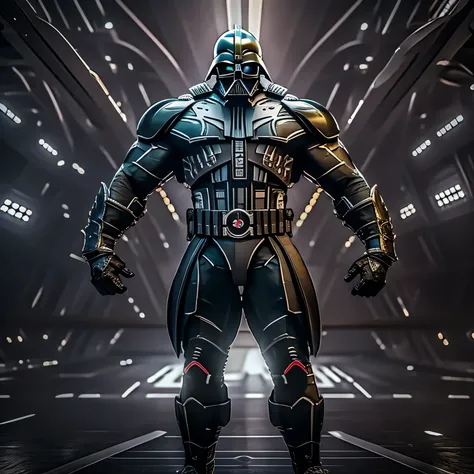 (extremely detailed CG unity 8k wallpaper, masterpiece, best quality, ultra-detailed), (best illumination, best shadow, an extremely delicate and beautiful), a big muscular bodybuilder with the mask of Darth Vader, fierce and strong pose, (dramatic lightin...