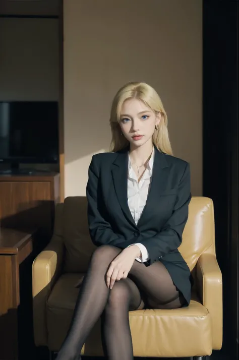 (Masterpiece), ((Best quality)), (Masterpiece,Best quality,offcial art,Extremely detailed Cg Unity 8K wallpaper), , Beauty photo, A lady，solo,Elegant upper-class elite secretary in a business shirt,Perfect look, ((blond hair:1.4)), (waved hair), ((blue eye...