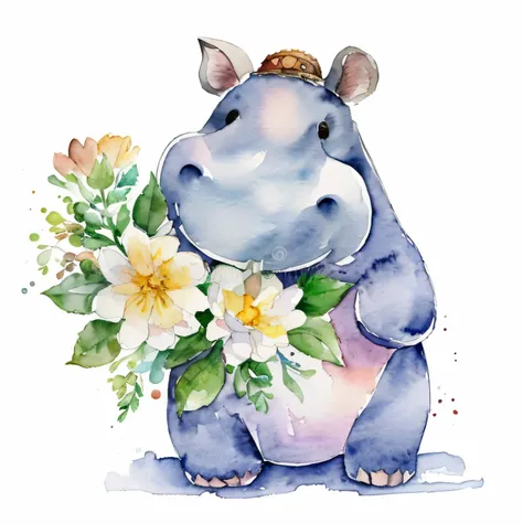 there is a hipoppotamus with flowers in its mouth, hipoppotamus, hipoppotamuspotamus, hd illustration, Direction: Maximilian Vanka, aquarela illustration, Cabo Hristofor Žefarović, pygmy hipoppotamuspotamus, “portrait of a cartoon animal, by Martina Krupič...