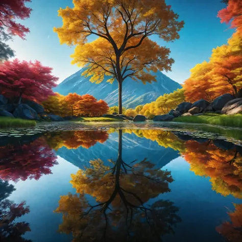 (best quality,4k,8k,highres,masterpiece:1.2),ultra-detailed,(realistic,photorealistic,photo-realistic:1.37),symmetry macro photography art,perfectly detailed reflections,symmetric cube,crystal clear pond,distorted reflections,sharp focus,shimmering water s...