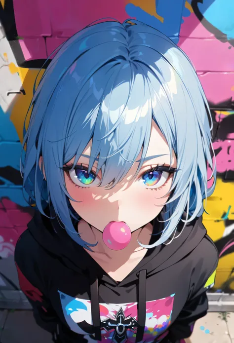 masterpiece, high quality, High resolution, disorganized, Super detailed, 8K, 1 girl, platinum gray hair, blue hair, colorful hair, gradient hair, looking at the viewer, colorful eyes, colorful hoodie, (graffiti mural wall background:1.15), vivid colorful ...