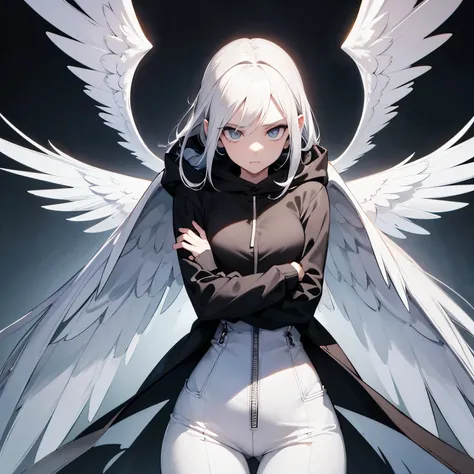 Angel girl with six wings, White hair, arrogant face,Strict facial features,  Beautiful face, Beautiful skin, beautiful expressive gray eyes,  wings on her head, modern clothes, hoodie jeans, black and white colors, masterpiece, high quality, sharp focus ,...