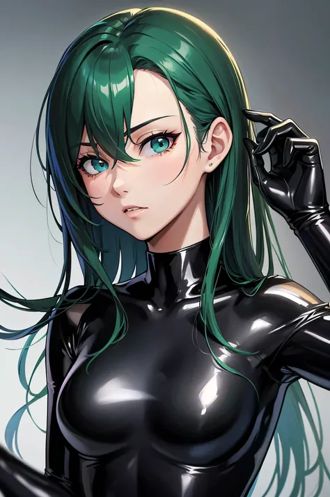 beautiful, (masterpiece), 最high quality, (extremely get used to it face), extremely get used to it eyes, perfect lighting, overall details, get used to it, deep skin, slicked back hair, long hair, green hair, type of eyes, slicked back hair, elbow bag, alo...