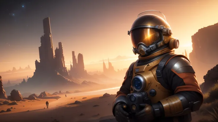 (best quality,4k,highres,masterpiece:1.2),ultra-detailed,realistic,photorealistic:1.37,portrait,sci-fi,helmet reflection,ancient ruins,explorer,golden sunrise,red planet,space suit,lush vegetation,distant mountains,crimson sky,curiosity,loneliness,unknown ...