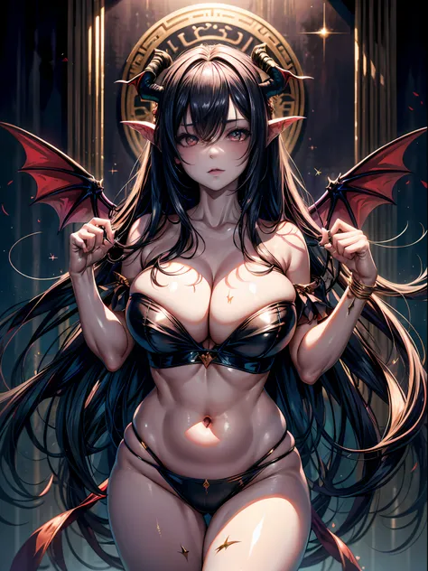 Succubus Maiden, cuerpo regordete, The Mark of the Succubus, Expresiones de color, ropa sexy, postura sexy, cabello brillante, harsh breath, rubor completo, cabello degradado, cabello de un lado hacia arriba, A high resolution, alto detalle, profundidad de...