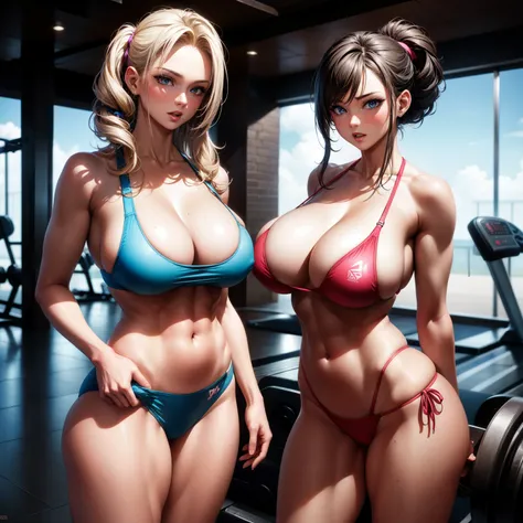 (8K，Ultra-detailed，Hyper photorealism，best masterpiece，nature，perfect work of art，perfect female body)，two cute girls，Standing in the gym wearing a tiny bikini，Female fitness trainer，Stylish hairstyle，Elegant and sexy weightlifter，sexy exposed forehead gir...