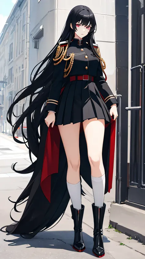 female high school student,High,Perfect body,long black hair,blue pupils,Red stand collar military top,Black pleated skirt,black stockings,white boots,Black army coat,Carry cavalry saber