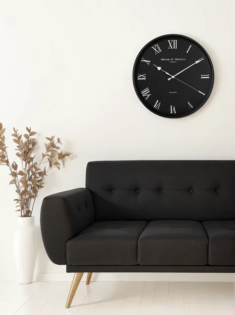 Snow-white sofa, round wall clock, really,  high quality,  HD, detailed 