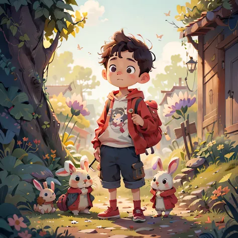 boys，red hoodie，A very charming backpacker enjoying an adorable spring outing with his adorable bunny，Surrounded by beautiful flowers and nature. This illustration is a high-definition illustration with 4K resolution，Featuring highly detailed facial featur...