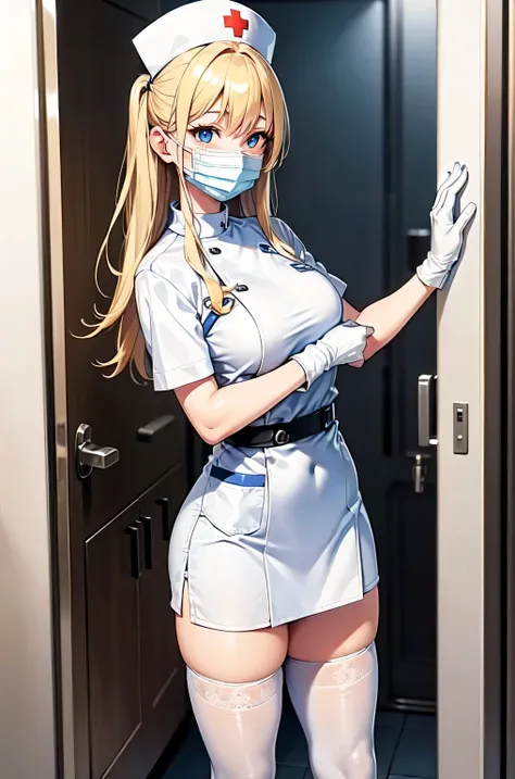 1woman, solo, nurse, white nurse cap, white nurse uniform, ((white legwear, zettai ryouiki)), white gloves, blonde hair, blue eyes, ((white surgical mask, covered nose)), standing, ((hospital room)), sharp outline, short sleeves, mature female, 35 years ol...