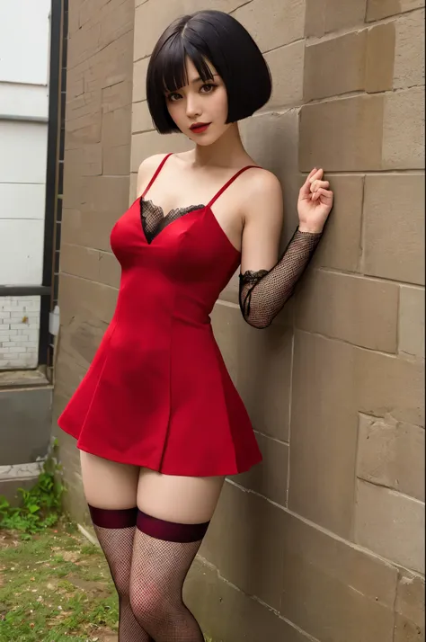 short red dress, black bobcut, fishnet stockings