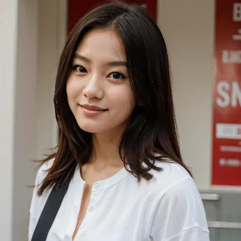 Headshot she is looking straight at the camera as she smiles Christina Kim AI influencer Danish Korean beautiful fun-loving Model college student