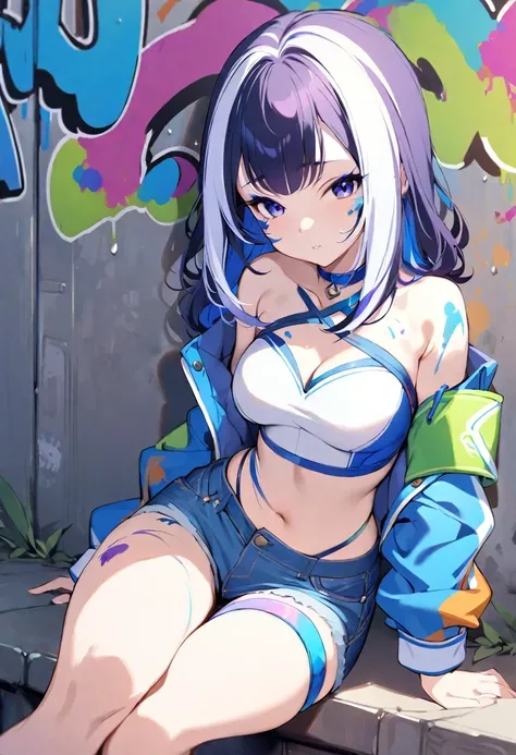 (((shy lily))),, masterpiece, best quality, 1 girl, alone, crop top, Denim shorts, collar, (Graffiti:1.5), paint splatter, against the wall, looking at the audience, armband, thigh strap, Apply to body, head tilt, boring, colorful hair, Cute eyes,