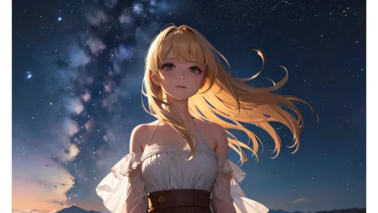 (highest quality, masterpiece), 1 girl, Pause, particle, Wind, Upper body, simple background, looking at the audience, blonde, milky way, beautiful,mysterious