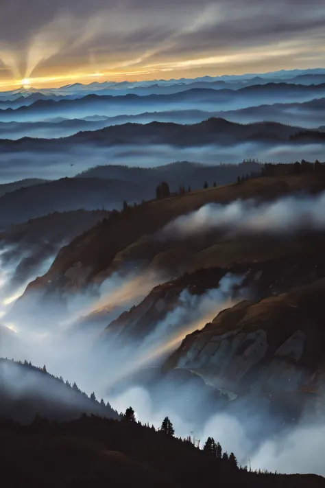 Spooky valley seen from above covered in light fog