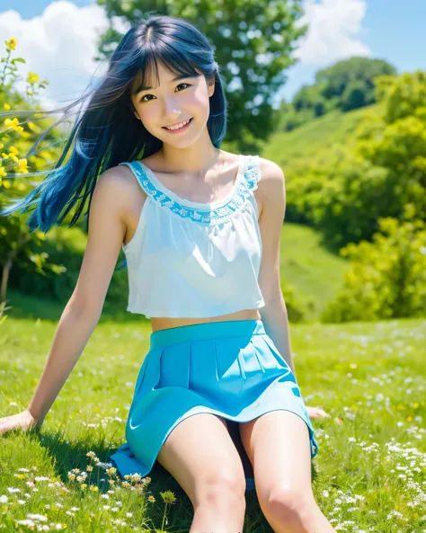 (highest quality, 32k, High resolution, masterpiece:1.5, ), A happy landscape that gives you a sense of warmth, Japanese very cute and beautiful girl, 12 years old, (Happy), Magical big beautiful eyes, clearly double, gentle smile, (see-through white camis...