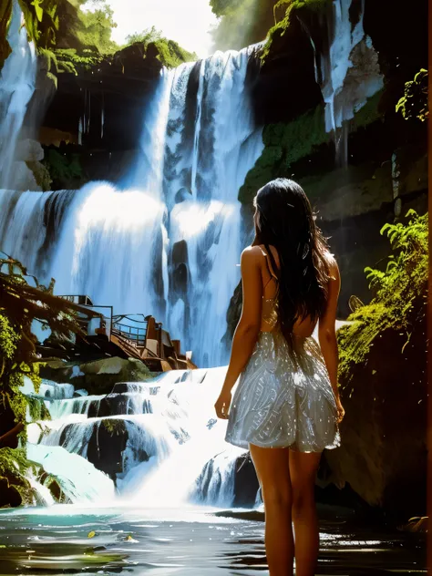 There is a woman standing in the water looking at the waterfall, Beside the waterfall, standing in front of waterfall, There is a waterfall, standing near waterfall, There is a waterfall, Stand in the waterfall面, Stand in the waterfall, waterfall in backgr...