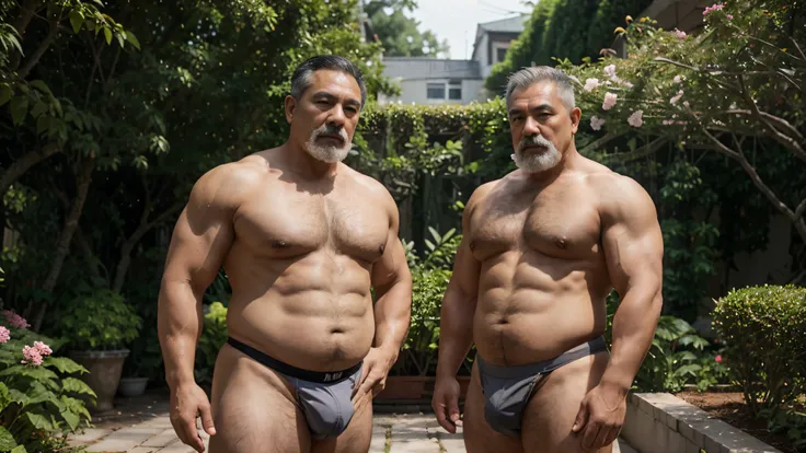 2 vietnamese grandfathers with gray hair, mature face, a thick mustache, a short chin beard, bear body, wearing gray massive bulging jockstraps standing at the garden, have belly, big muscular chest, a sexy pose.
