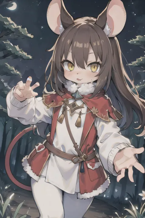 girl, Mouse ears, mouse tail, yellow eyes, brown hair, Adventurer Costume, steal, cute, 