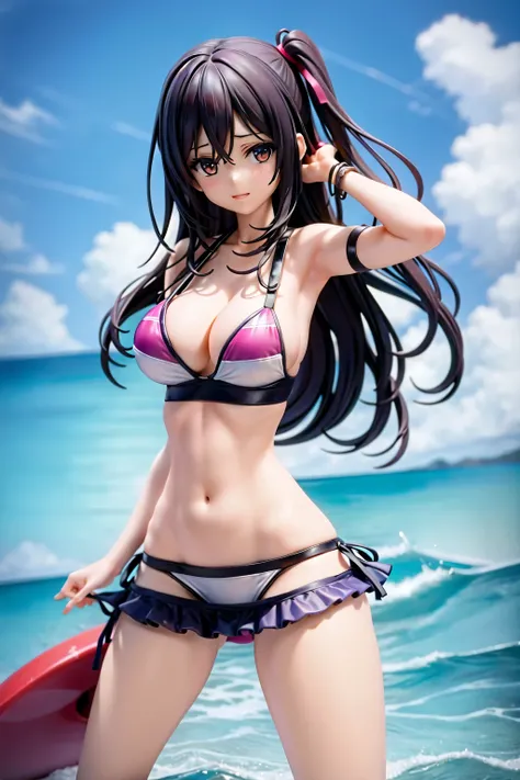 Mujer arafed en bikini posando en un muelle junto a un cuerpo de agua, bikini realista, chica anime seductora, ( figura muy detallada ), swimsuit, anime muy detallado, por Jin Homura, shiina mayuri, hermosa y seductora mujer anime, cuerpo perfecto fotorrea...