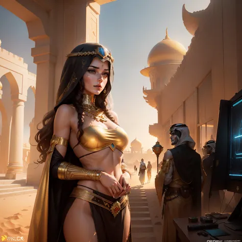 Photo of (arabian princess:1.5) Packed hall standing in the background々and衣装を着て (Cyberpunk Desert:1.3), (Exotic Royal Palace:1.5) and (sunset sky:1.2). In a complex hijab, Long vest in jewelry with gold embroidery, detailed face and eyes, (very detailed:1....