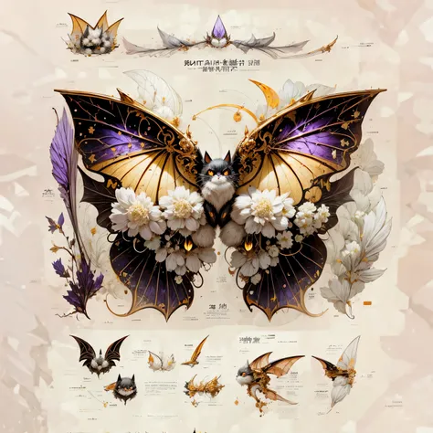 bat element，猫脸bat element，there are gray lines on the wings，bat with grimace on its wings，